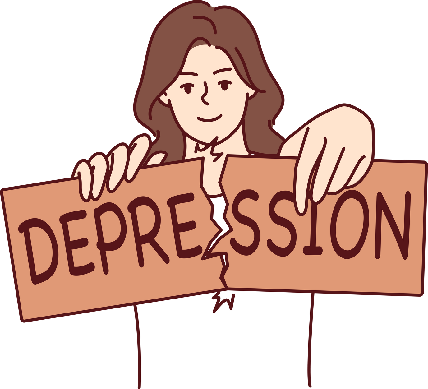 Woman breaks depression sign after overcoming psychological problems and mental disorder
